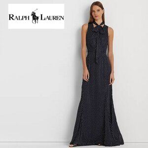 LAUREN RALPH LAUREN Polka-Dot Metallic Chiffon Gown in Navy